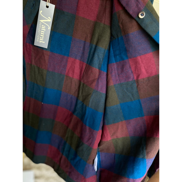 Natural Reflections Plaid Cotton Button-Up Shirt Burgundy Blue Olive Autumn Boho - Picture 6 of 8